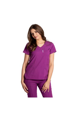 Magenta vijolična raztegljiva medicinska obleka z bluzo z V-izrezom in hlačami z vrvico in elastiko