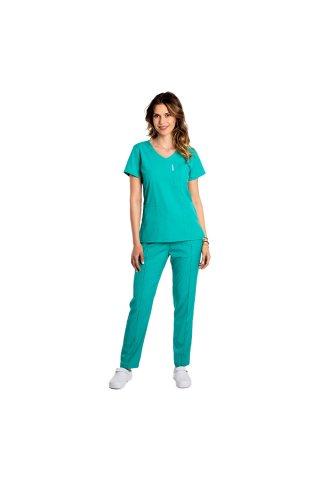 Turška zelena raztegljiva medicinska obleka z V-izrezom in z vrvico ter elastičnimi hlačami