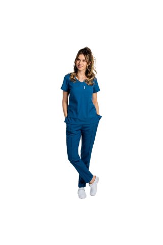 Modra raztegljiva medicinska obleka z bluzo z V-izrezom in z vrvico ter elastičnimi hlačami