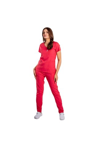 Koralno rdeča raztegljiva medicinska obleka s sidrno bluzo in z vrvico ter elastičnimi hlačami