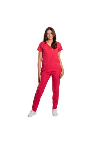 Koralno rdeča raztegljiva medicinska obleka s sidrno bluzo in z vrvico ter elastičnimi hlačami