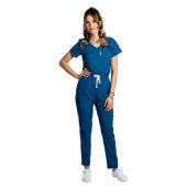 Modra raztegljiva medicinska obleka z bluzo z V-izrezom in z vrvico ter elastičnimi hlačami..