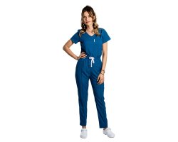 Modra raztegljiva medicinska obleka z bluzo z V-izrezom in z vrvico ter elastičnimi hlačami