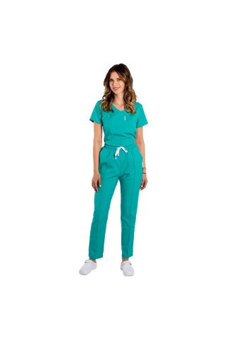 Turška zelena raztegljiva medicinska obleka z V-izrezom in z vrvico ter elastičnimi hlačami