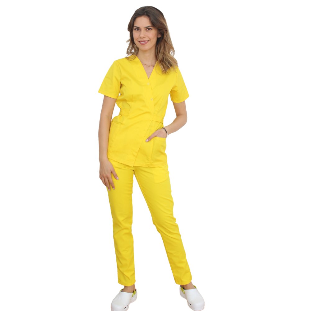 Rumena medicinska obleka, s kimono bluzo in rumenimi elastičnimi hlačami