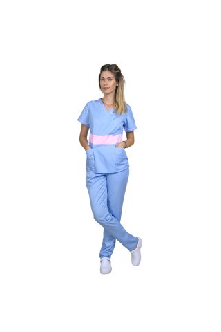 Modra medicinska obleka z bledo roza, model Sofia