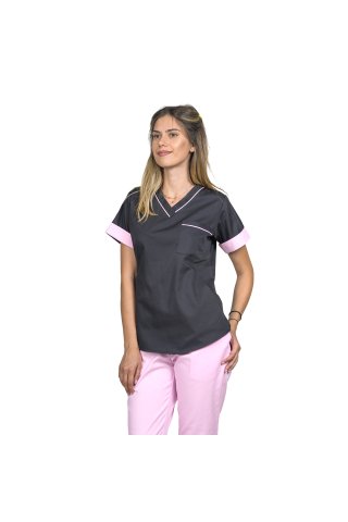 Medicinska obleka, sestavljena iz črne bluze s paspolom in bledo rožnate hlače, model Amani
