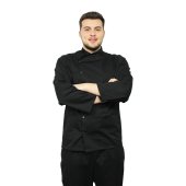 Črna kuharska tunika s sponkami in dolgimi rokavi..