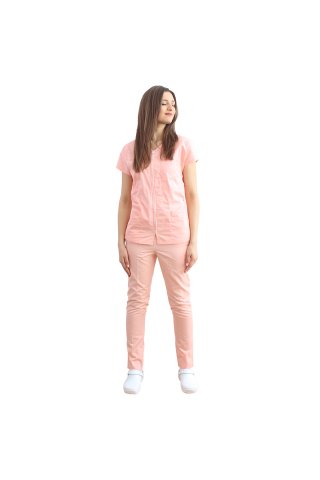 Peach medicinska obleka z ukrivljeno bluzo z zadrgo, tremi naloženimi žepi in elastičnimi hlačami breskve