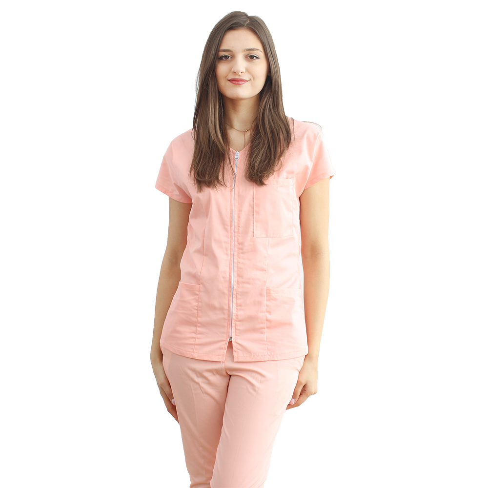 Peach medicinska obleka z ukrivljeno bluzo z zadrgo, tremi naloženimi žepi in elastičnimi hlačami breskve
