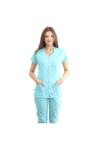 Mint medicinska obleka z upognjeno bluzo z zadrgo, tremi naloženimi žepi in mint hlačami z elastiko