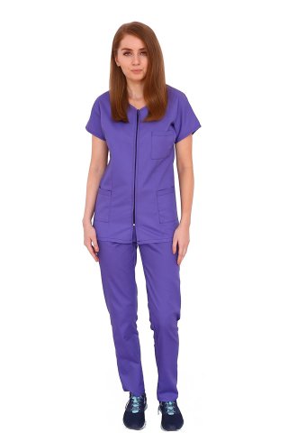 Vijolična medicinska obleka z ukrivljeno zadrgo z dvema žepoma