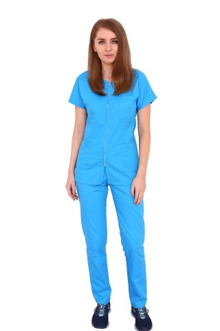 Turkizna medicinska obleka, zakrivljena bluza z zadrgo, trije žepi in hlače z elastiko