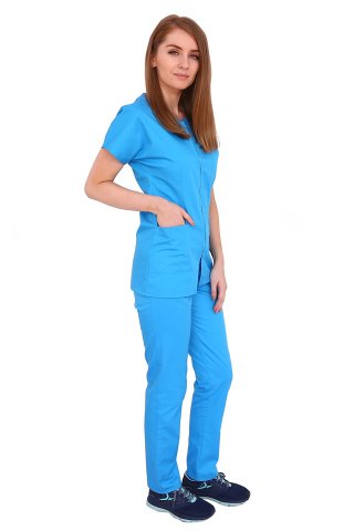 Turkizna medicinska obleka, zakrivljena bluza z zadrgo, trije žepi in hlače z elastiko