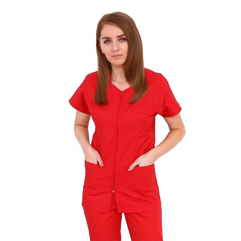Rdeča medicinska obleka z ukrivljeno zadrgo z dvema žepoma