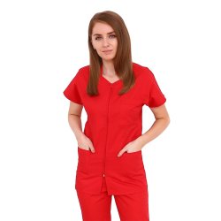 Rdeča medicinska obleka z ukrivljeno zadrgo z dvema žepoma