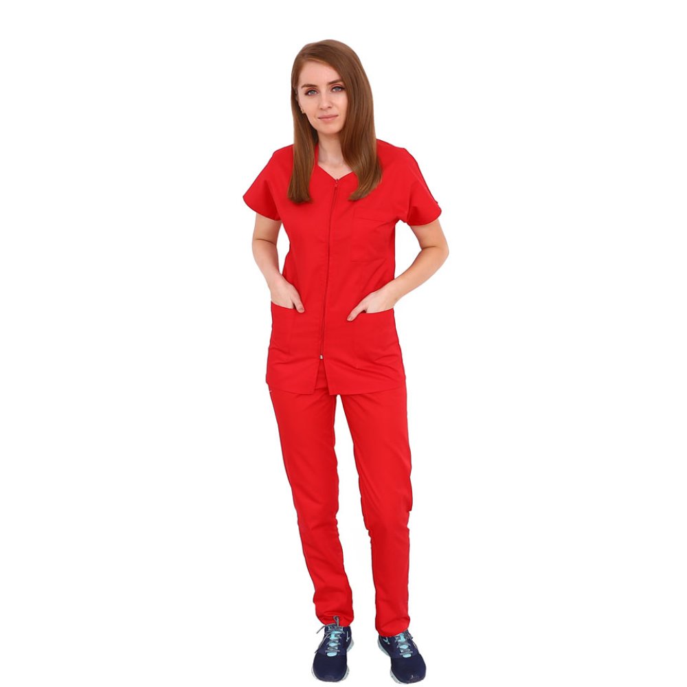 Rdeča medicinska obleka, ukrivljena bluza z zadrgo, trije žepi in hlače z elastiko