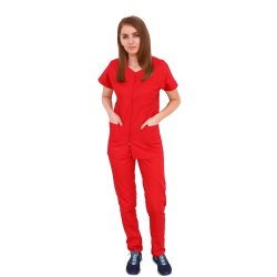 Rdeča medicinska obleka, ukrivljena bluza z zadrgo, trije žepi in hlače z elastiko