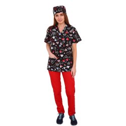 Ljubezen medicinski kombinezon, s potiskano bluzo in rdečimi elastičnimi hlačami