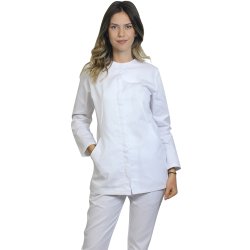 Bela ženska medicinska obleka z dolgimi rokavi, zadrgo in dvema žepoma