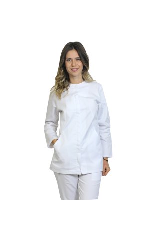 Bela ženska medicinska obleka z dolgimi rokavi, zadrgo in dvema žepoma