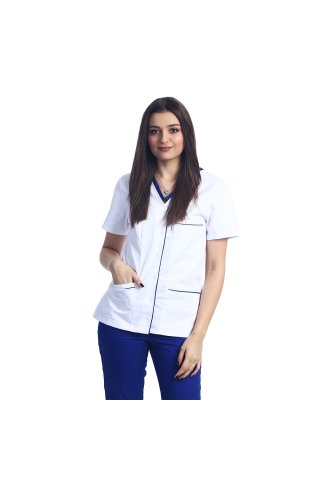 Medicinska obleka, sestavljena iz bele bluze z modrim paspolom in modrih hlač z elastiko