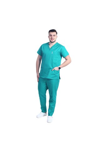 Uniseks kirurška zelena medicinska obleka s sidróm v ovši črni V s tremi žepi