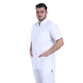 Moška bela medicinska obleka s tuniko ovratnikom in tremi žepi..