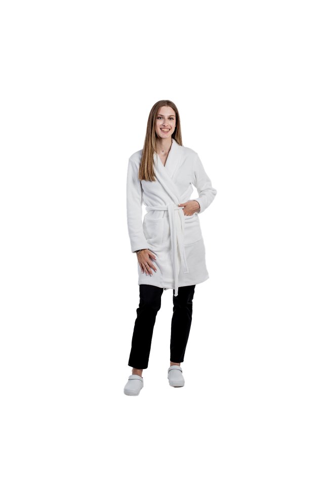 Bela polarna halja z dvema našitima žepoma in vrvico 