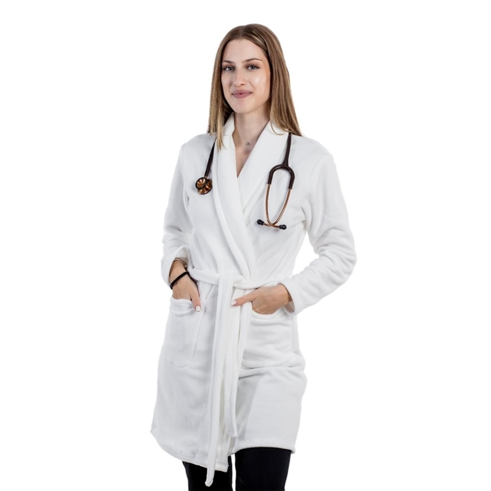 Bela polarna halja z dvema našitima žepoma in vrvico 