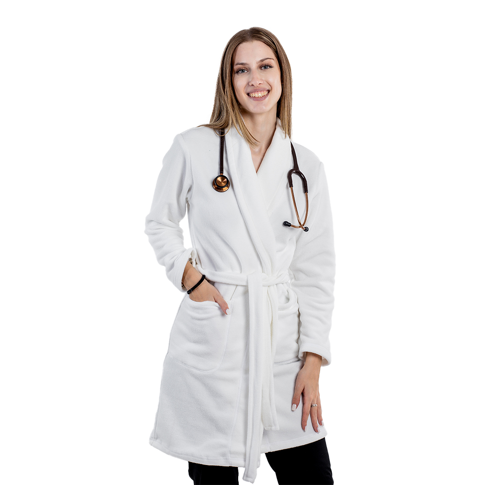 Bela polarna halja z dvema našitima žepoma in vrvico 