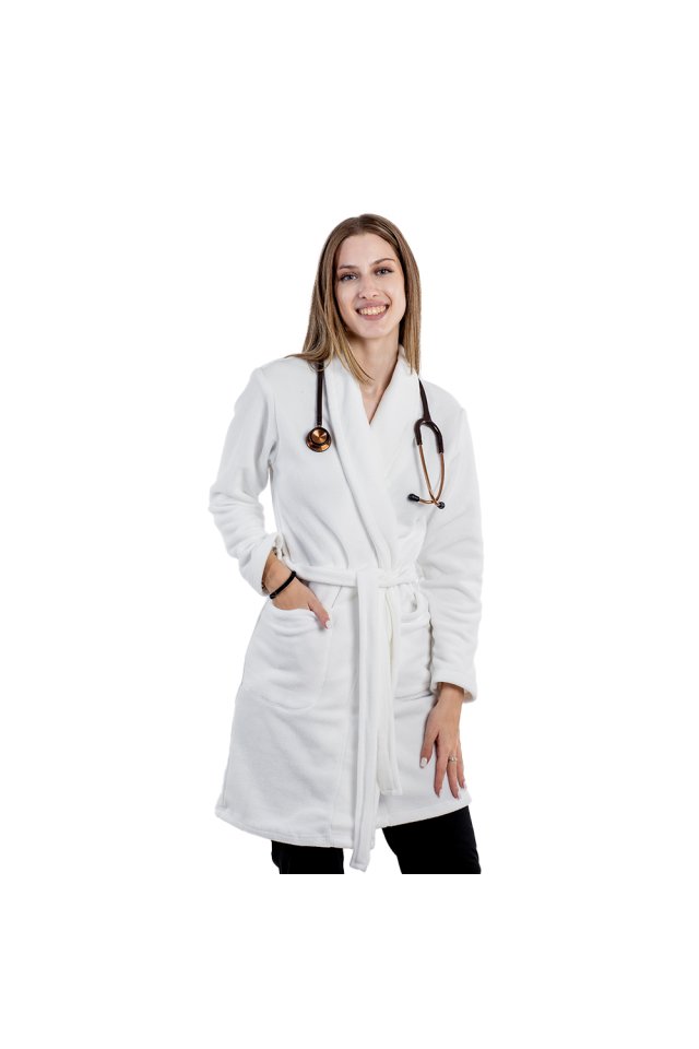 Bela polarna halja z dvema našitima žepoma in vrvico 