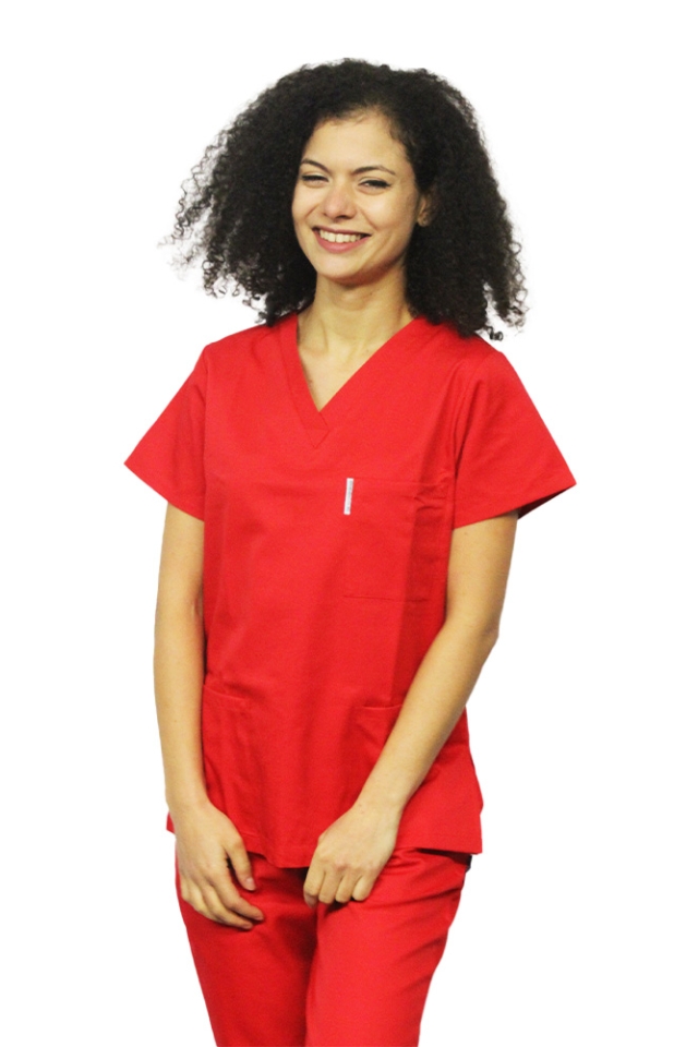 Rdeč medicinski kombinezon, bluza z V izrezom, tremi žepi in hlače z elastiko