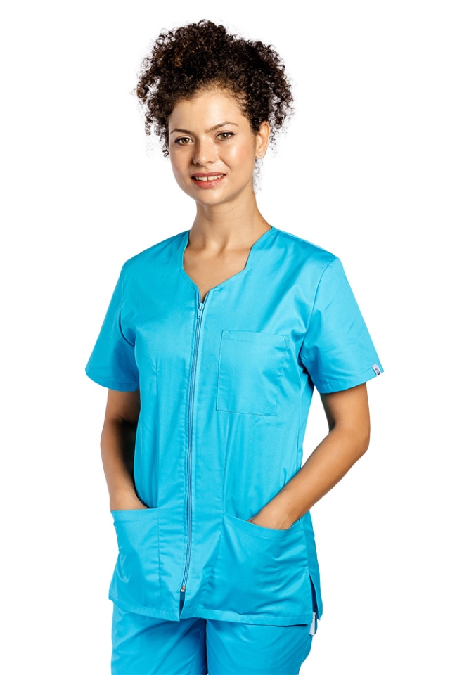 Turkizna medicinska obleka z elastanom, bluza z zadrgo v pasu, trije našiti žepi in hlače z vrvico za zategovanje