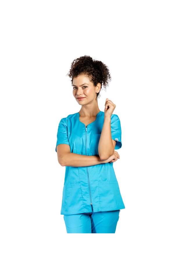 Turkizna medicinska obleka z elastanom, bluza z zadrgo v pasu, trije našiti žepi in hlače z vrvico za zategovanje