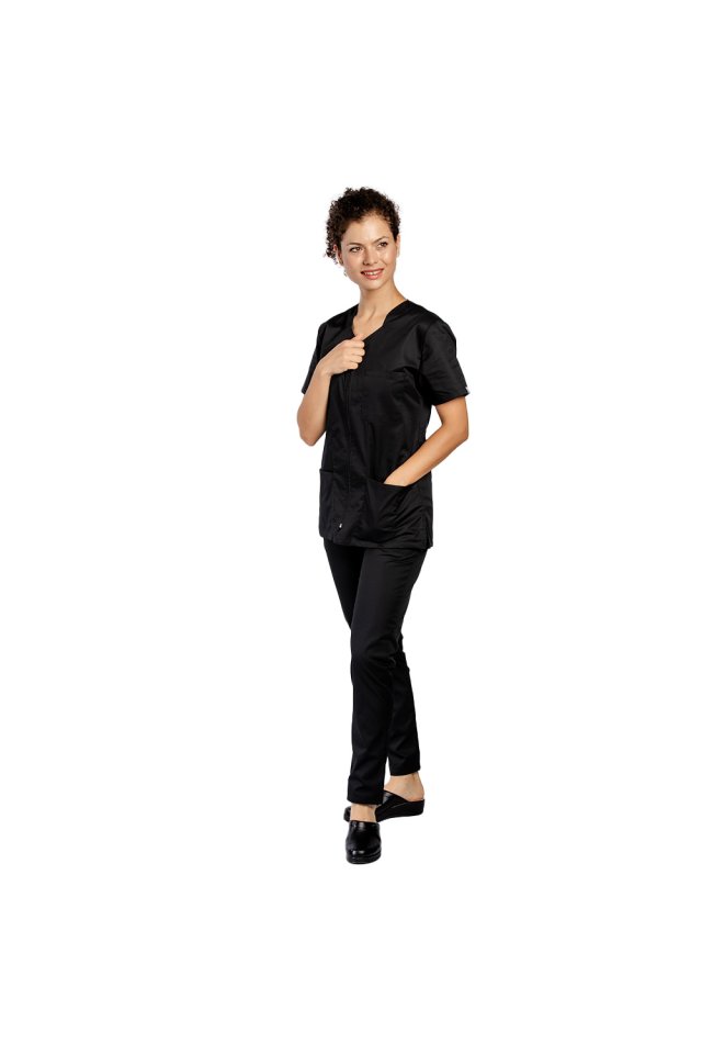 Črn medicinski kombinezon, z bluzo na zadrgo, tremi žepi in črnimi hlačami 