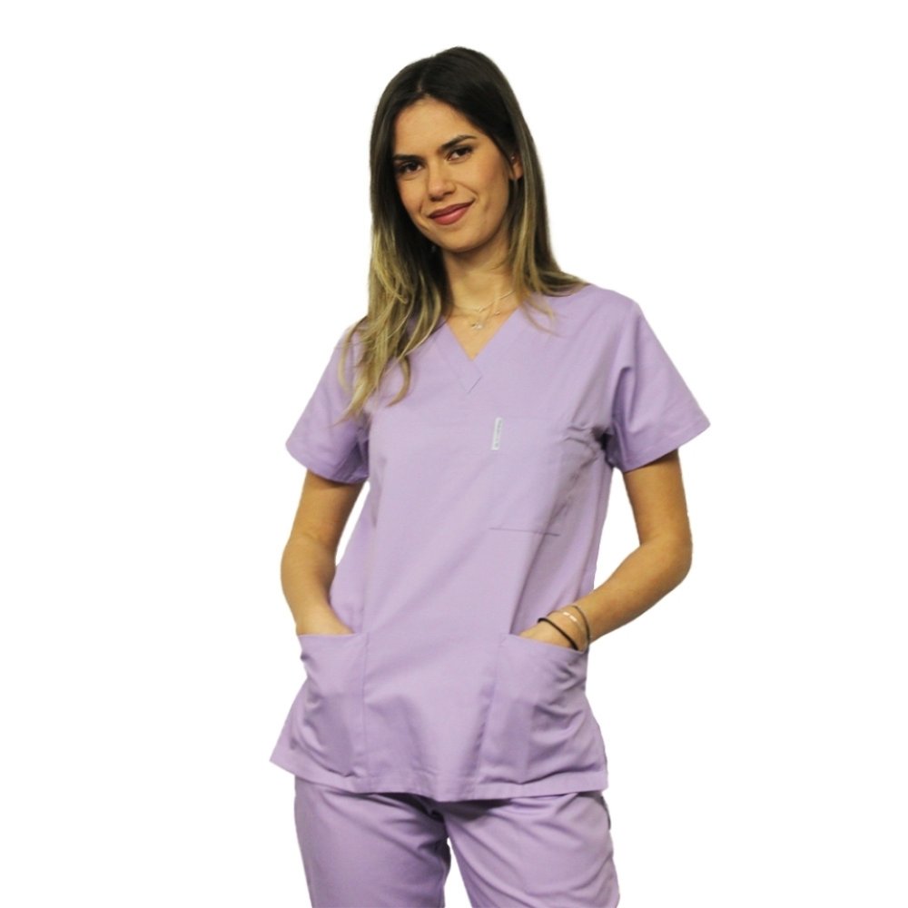 Lila zdravniška halja s sidrom v obliki črke V in tremi žepi