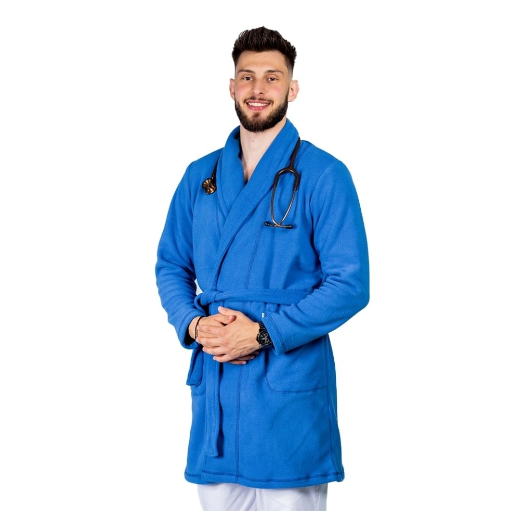 Moško temno modro ogrinjalo iz flisa z dvema žepoma in vrvico 