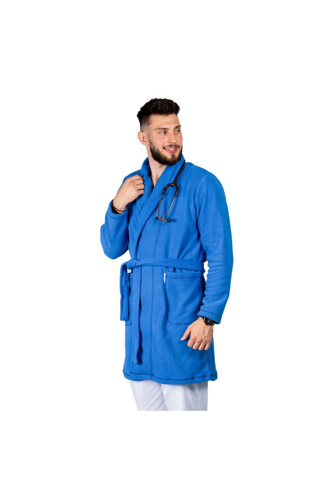 Moško temno modro ogrinjalo iz flisa z dvema žepoma in vrvico 