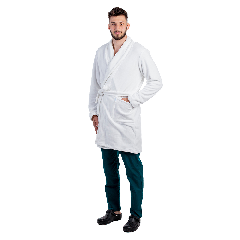 Bela moška halja iz flisa z dvema žepoma in vrvico