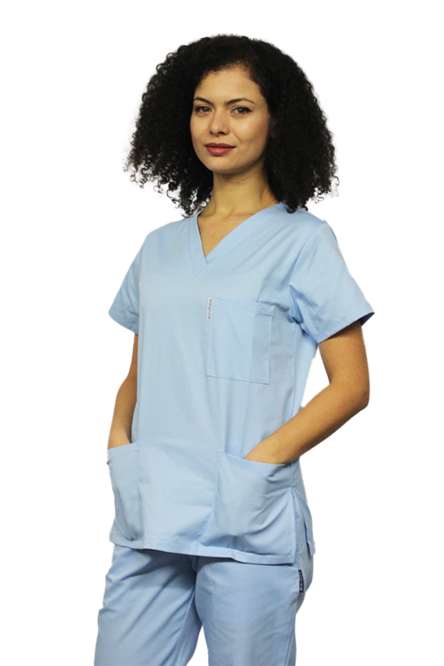 Modra medicinska obleka z elastanom, ženska, bluza s sidrom v obliki črke V in hlače z vrvico za zategovanje