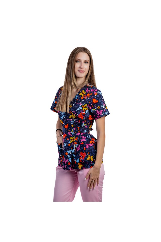 Medicinski kombinezon kimono v obliki metulja, s potiskano bluzo in hlačami z elastiko