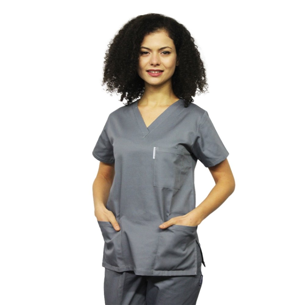 Siva delovna uniforma, bluza z V izrezom, tremi žepi in hlače z elastiko Siva delovna uniforma, bluza z V izrezom, tremi žepi in hlače z elastiko