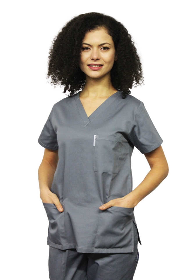 Siva delovna uniforma, bluza z V izrezom, tremi žepi in hlače z elastiko