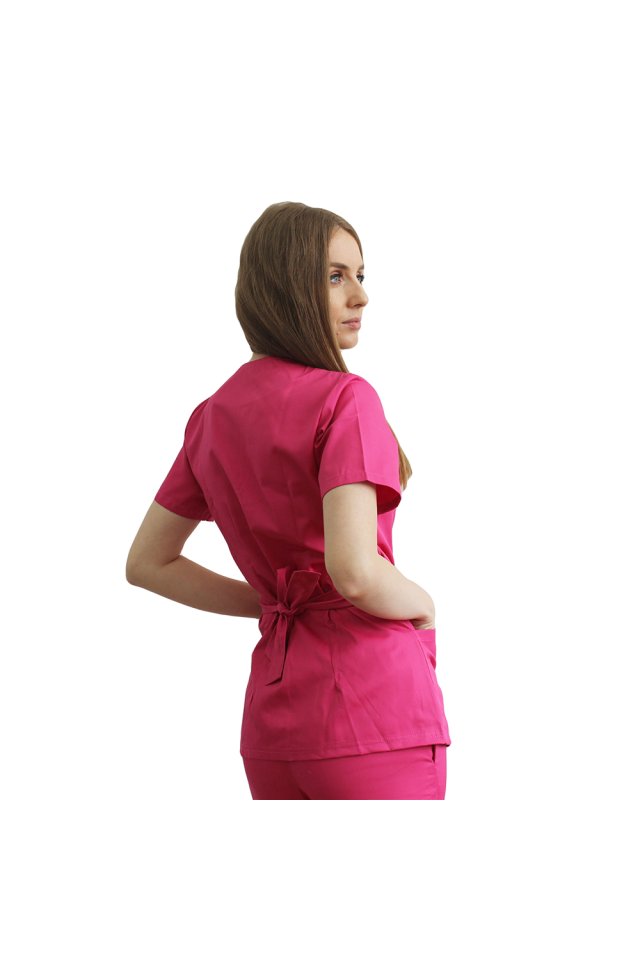 Kimono zdravniška halja ciklamne barve z dvema žepoma