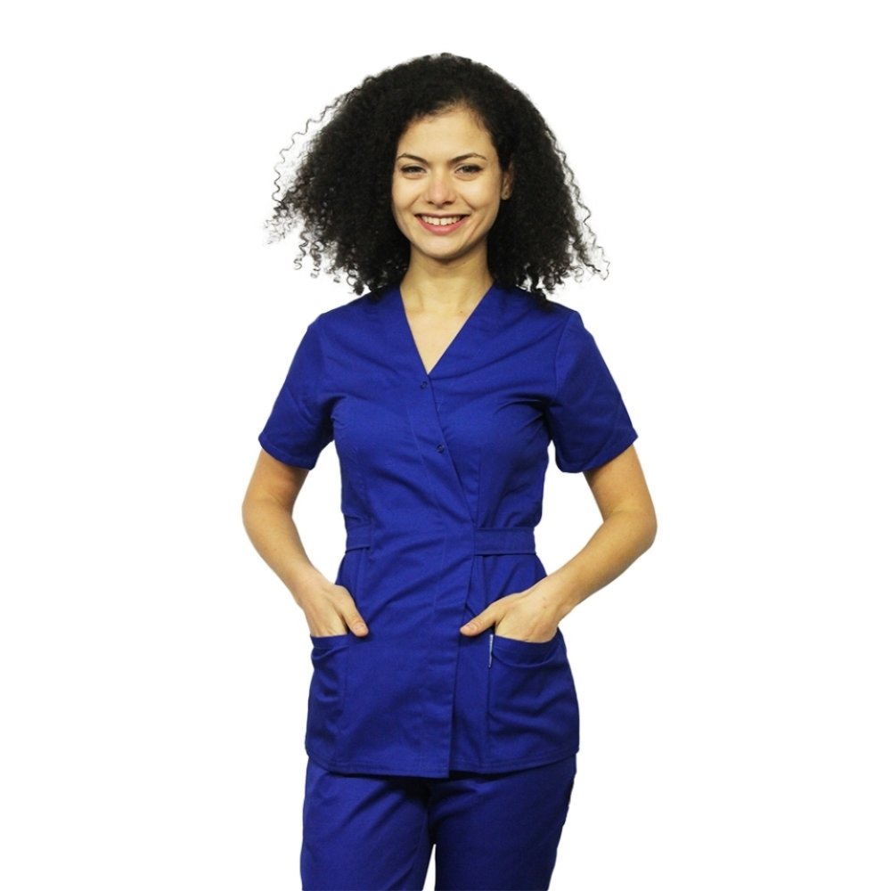 Modra kimono zdravniška halja z dvema žepoma