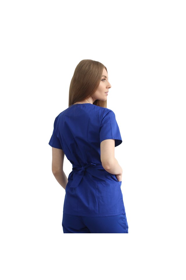 Modra kimono zdravniška halja z dvema žepoma