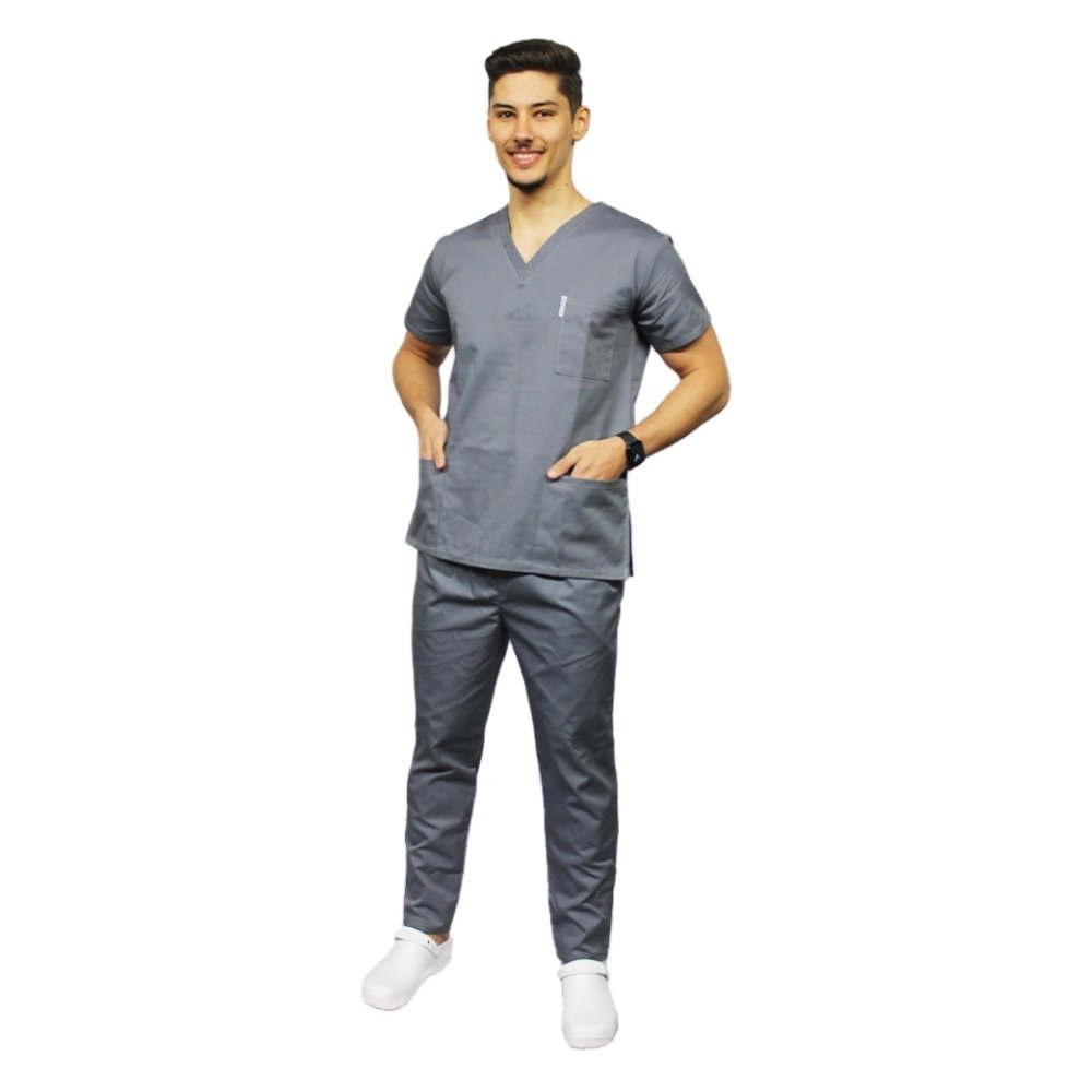 Siva medicinska obleka z elastanom, moška, bluza z V-izrezom in hlače z vrvico za zategovanje