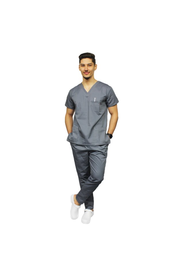 Siva medicinska obleka z elastanom, moška, bluza z V-izrezom in hlače z vrvico za zategovanje