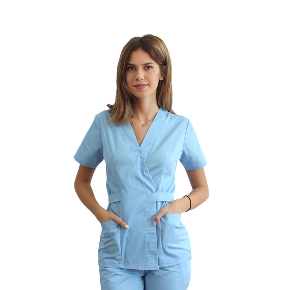 Modra kimono medicinska halja z elastanom in dvema našitima žepoma